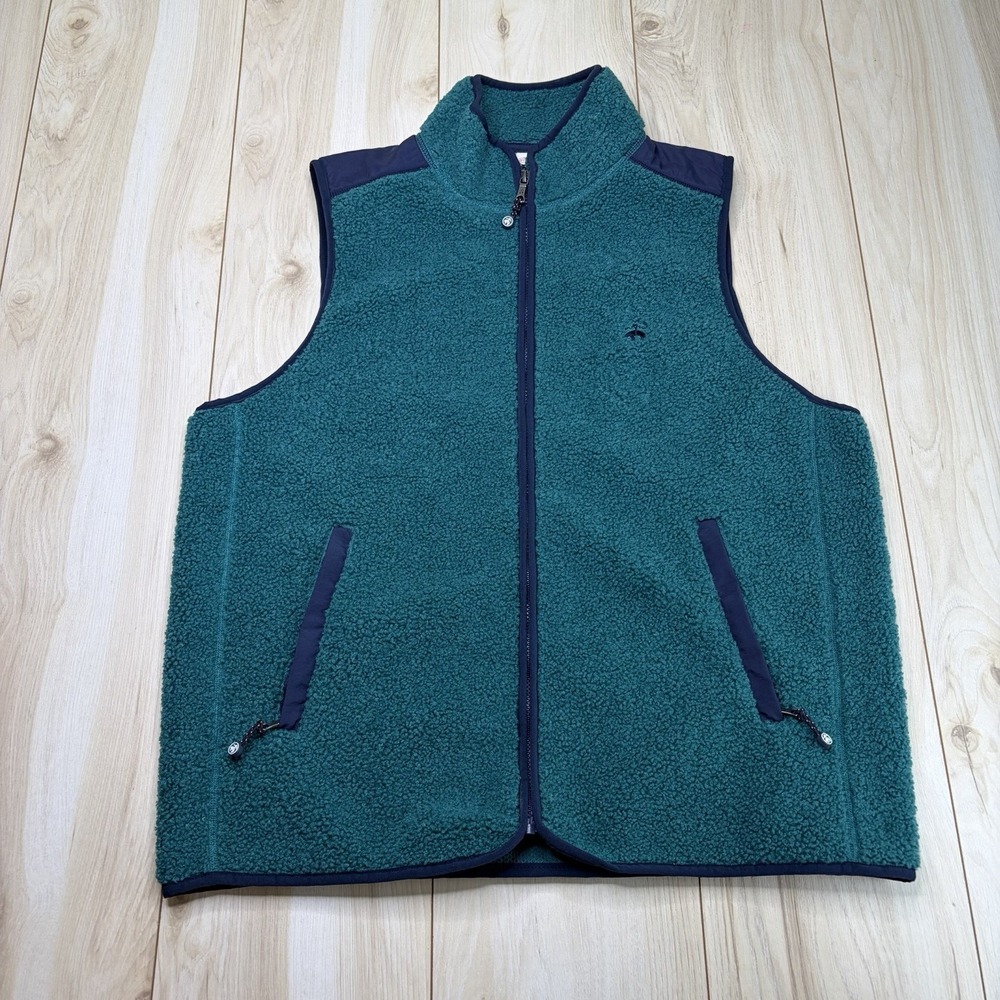 Brooks Brothers Deep Pile Full Zip Vest Men's Large Fleece Green Navy